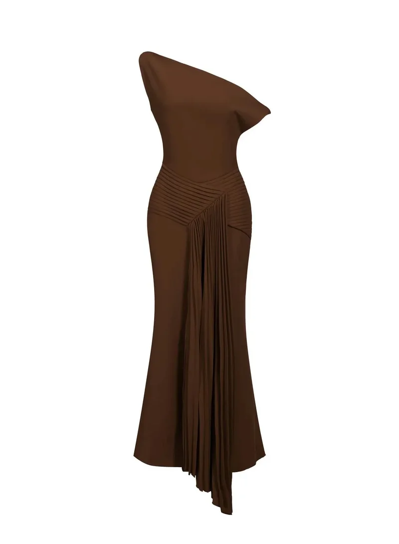 Bella Barnett Paulina Oblique Shoulder Sleeveless Folds Brown Midi Dress